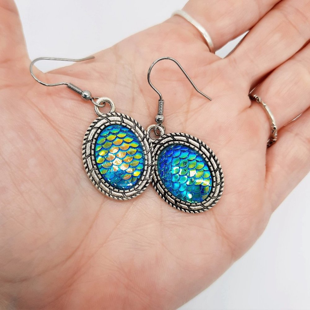 Iridescent Blue Oval Mermaid Scale / Dragon Scale / Fish Scale Dangle Earrings